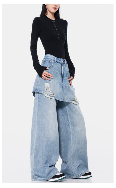 Pantalones Rectos Azul Vintage Efecto Desgastado Doble Tela para Mujer - Image 30
