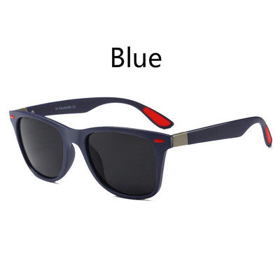 Black frame polarized sunglasses with blue mirrored lenses and blue and red accents on the temples. - Image 3