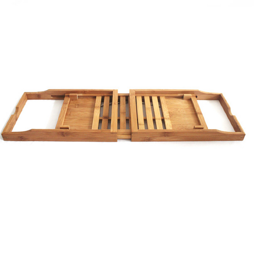 Bamboo bathtub caddy with an adjustable book stand, slotted tray, and compartments for bath essentials. - Image 3