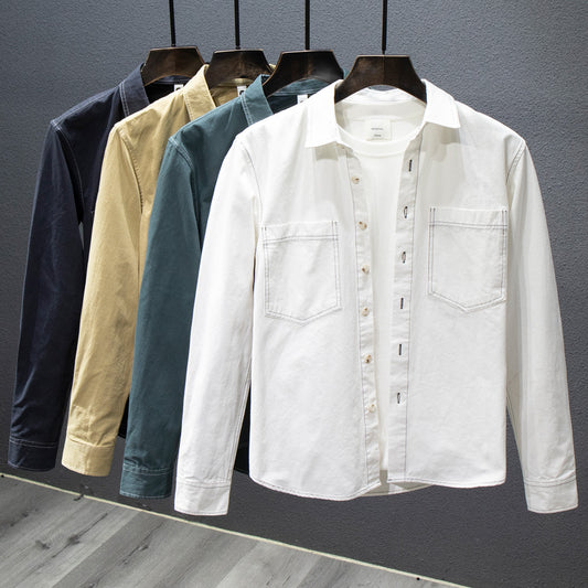 Camisa de Algodón Puro con Múltiples Bolsillos para Hombre - Manga Larga Otoño