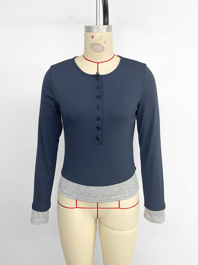 Blusa Casual Cuello Redondo Ajustada Manga Larga Efecto Dos Piezas para Mujer - Image 9