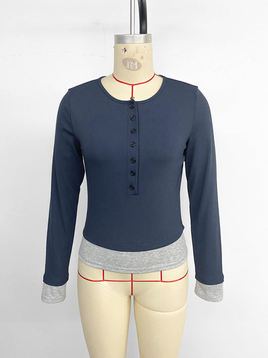 Blusa Casual Cuello Redondo Ajustada Manga Larga Efecto Dos Piezas para Mujer - Image 9