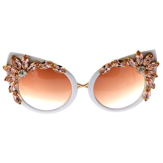 White cat-eye sunglasses with brown gradient lenses, adorned with clear and amber rhinestone flowers and bees. - Image 3
