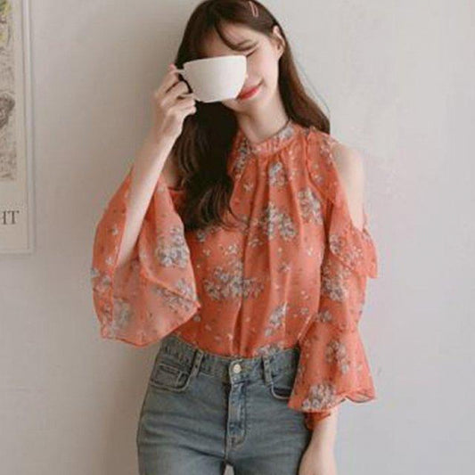 Blusa Floral Hombros Descubiertos con Mangas Acampanadas - Diseño Elegante para Primavera - Image 2