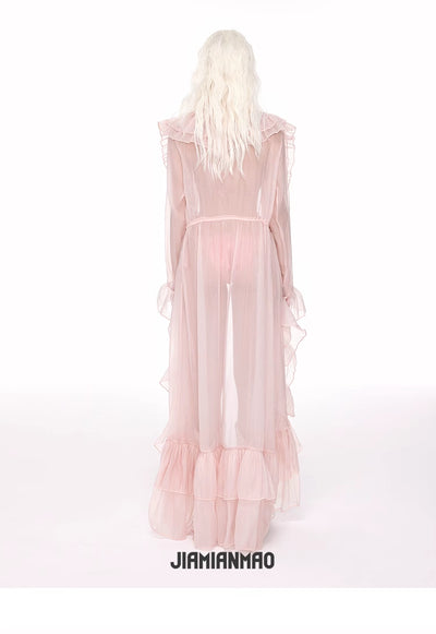 Light pink ruffled sheer swimsuit cover-up blouse over a matching bikini, perfect for beach vacations. - Image 8