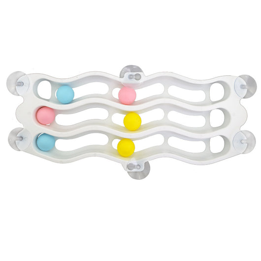 Light blue wavy cat track toy with three levels, colorful balls, and suction cups for window attachment.