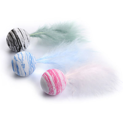Pink and white marbled pet toy ball with a fluffy white feather on top, designed for cats and dogs. - Image 3