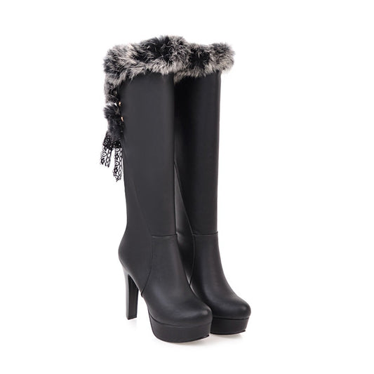Botas Altas para Mujer con Cuello de Pelaje y Tacón Grueso