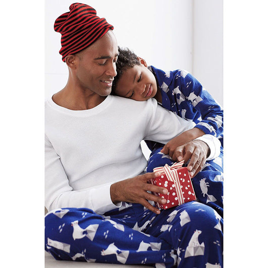 Blue and white polar bear print parent-child pajama set with long-sleeve tops and pants, plus a white t-shirt. - Image 4