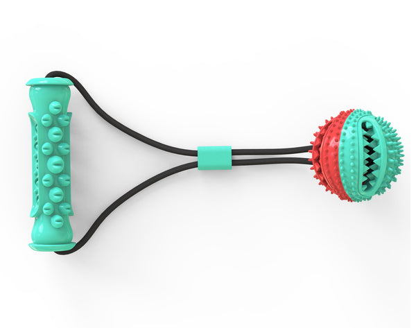 Teal and red pet pull rope toy with a textured molar stick and a spiky ball for training and chewing.