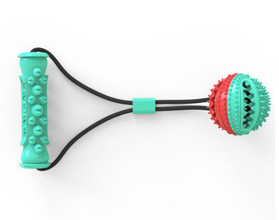 Teal and red pet pull rope toy with a textured molar stick and a spiky ball for training and chewing.