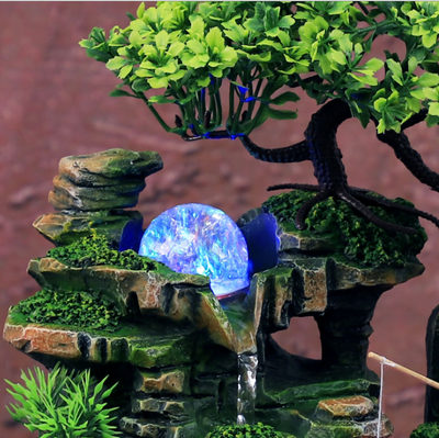 Resin desktop fountain with simulation rockery, a green bonsai tree, glowing orb, and water wheel. Measures 30cm tall. - Image 3
