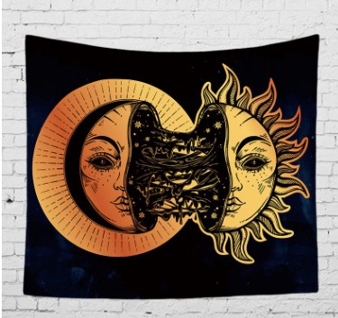 Bohemian sun and moon tapestry with a celestial pattern of golden suns and crescent moons on a dark blue background.