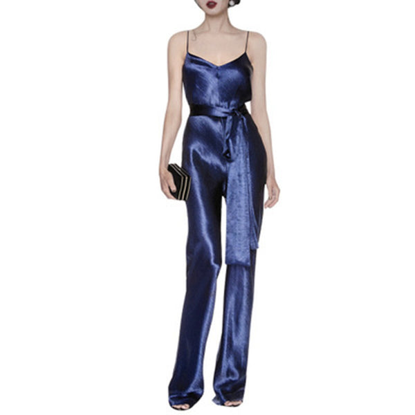Jumpsuit de Satén Azul Talle Alto con Tirantes