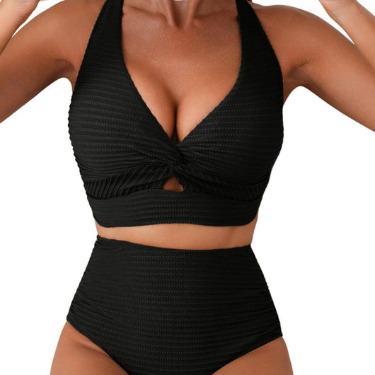 Women's teal ribbed two-piece swimsuit featuring a halter neck top with twisted front and high-waisted bottoms. - Image 4