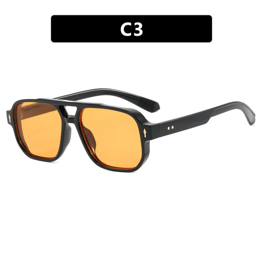 Black full-frame retro casual sunglasses with dark gray lenses and a double bridge, featuring gold accents. - Image 13
