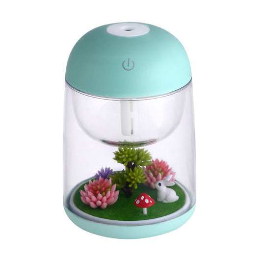 Pink and clear columnar humidifier with a micro landscape inside, featuring a white rabbit, red mushroom, and artificial plants. - Image 6