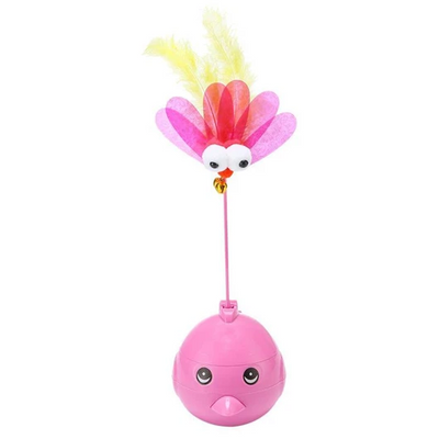 Purple electric tumbler cat toy with a blue bird-like top, pink feathers, googly eyes, and small bells. - Image 10