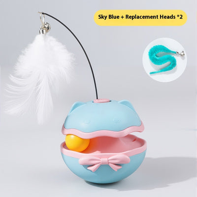 Lemon yellow electric cat toy tumbler with a white feather teaser and two teal worm-like replacement heads. - Image 6