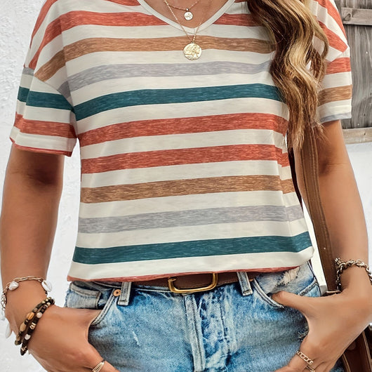 Blusa Casual a Rayas con Cuello en V y Manga Corta - Image 10