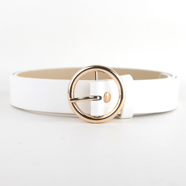 Black faux-leather women's belt with a shiny gold-tone round pin buckle, displayed on a white background. - Image 3