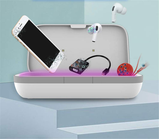 White rectangular UV mobile phone sterilizer box with rounded corners and a gray band, featuring a subtle power indicator.