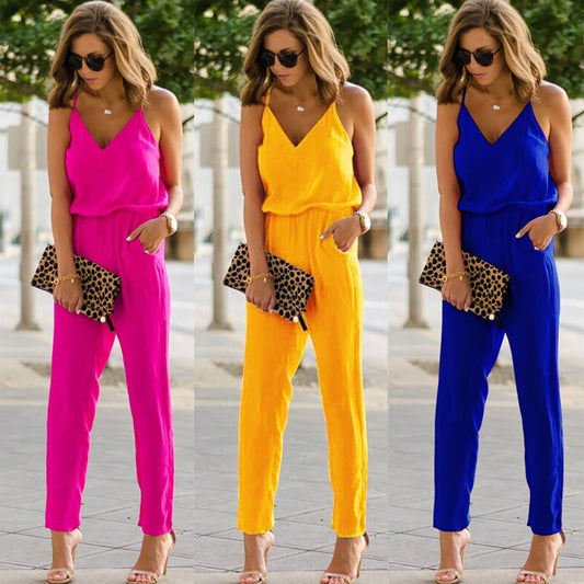 Mono Enterizo V-Neck con Tirantes en Color Sólido
