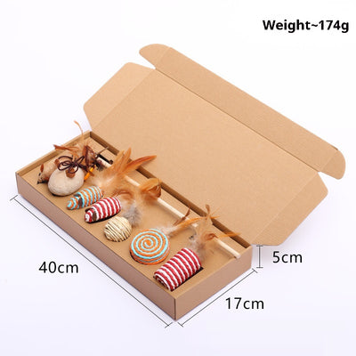7-piece cat toy gift set with mouse, feather wands, and string-wrapped toys in a brown cardboard box. - Image 5