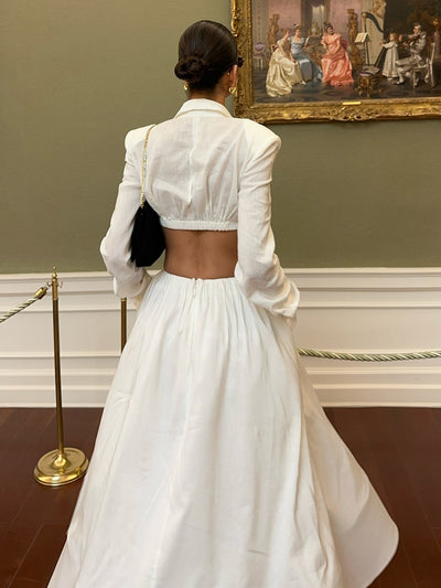 Conjunto Elegante de Dos Piezas: Blusa Corta Manga Larga con Escote Calado y Falda Maxi Cintura Alta - Image 3