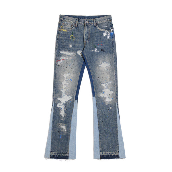 Jeans Casual Desgastados con Estampado de Gato y Efecto Tinta