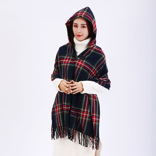 Poncho Capa Cashmere Cuadros Estilo Nacional con Capucha y Broche