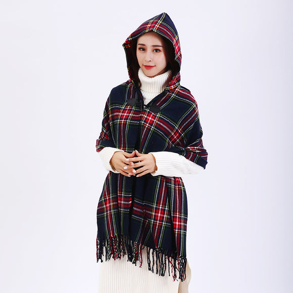 Poncho Capa Cashmere Cuadros Estilo Nacional con Capucha y Broche