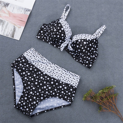 Retro black and white polka dot bikini with a tie-front top and high-waisted bottom. - Image 6