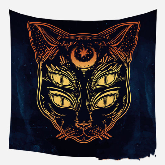 Golden crescent moon and woman silhouette tapestry with a floral crown against a dark blue starry background. - Image 2