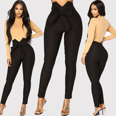 Pantalones Lápiz Casual de Cintura Alta Elástica con Cordones