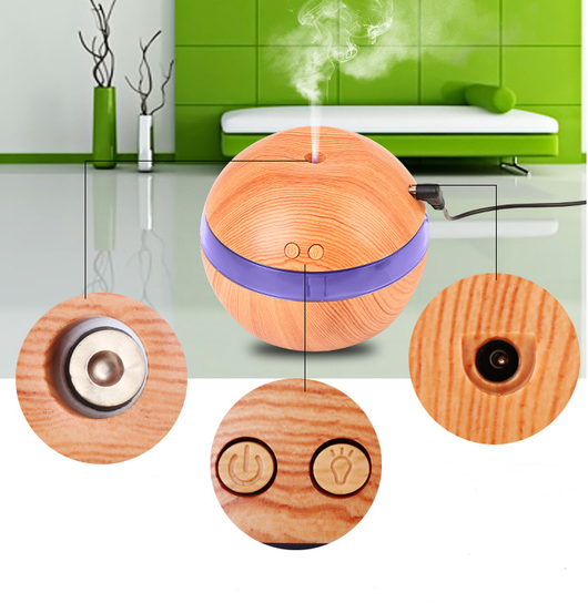 Mini essential oil diffuser humidifier with wood grain finish, USB cable, and instruction manual on a white background. - Image 8