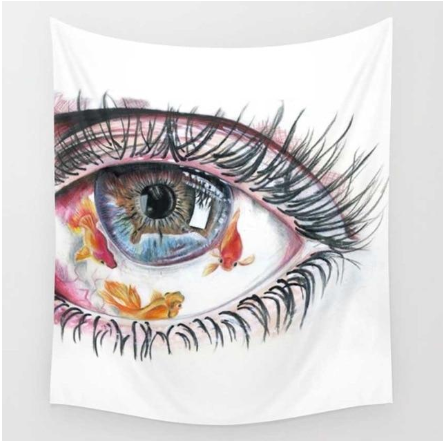 Artistic tapestry featuring a detailed illustration of a human eye with three orange goldfish swimming in the iris.