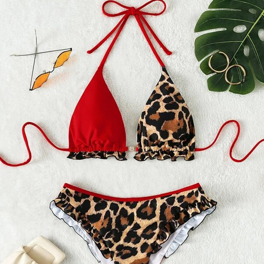 Red and leopard print colorblock bikini set with ruffled edges and high-cut bottoms. - Image 10