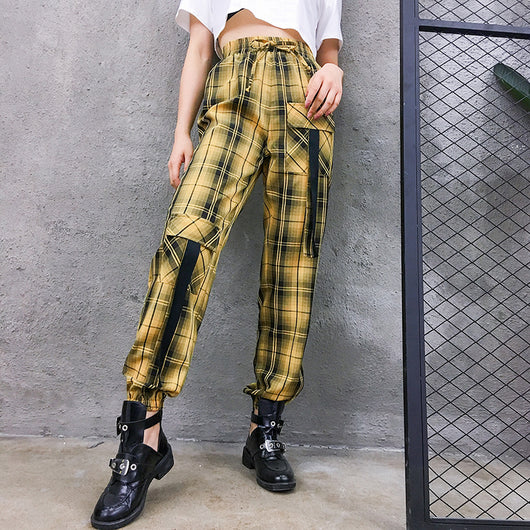 Pantalones Cargo Plaid Cintura Alta Elástica Mujer Estilo Streetwear - Image 4