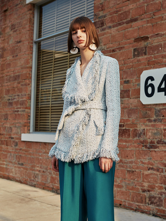 Chaqueta Oversized con Solapas Grandes y Flecos para Mujer