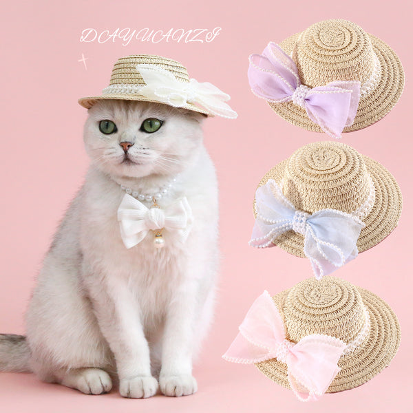 Sombrero de Paja Tejido para Gatos con Moño de Perlas