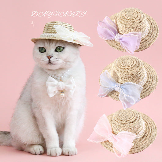 Sombrero de Paja Tejido para Gatos con Moño de Perlas