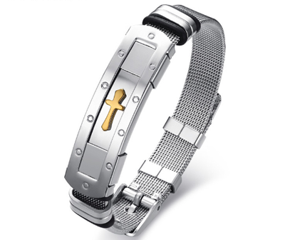 Pulsera Brazalete Ajustable de Acero Inoxidable con Cruz Bíblica para Hombre - Joyería Cristiana