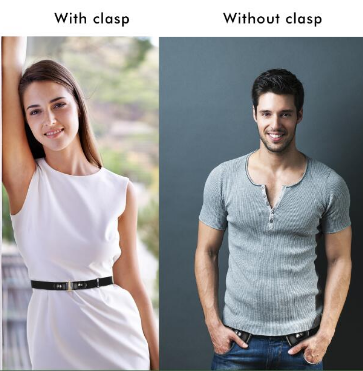 Black buckle-free elastic belt with snap closures worn on blue jeans, featuring a bonus gold-colored metal buckle. - Image 2