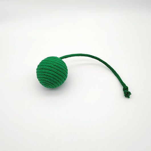 Red and green striped cotton rope ball cat toy with two rope tails, ideal for Christmas interactive play. - Image 6