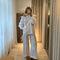 Conjunto Elegante Blusa Blanca Hombro Descubierto con Pantalón Ancho