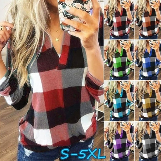 Camiseta a Cuadros con Cuello en V y Mangas Largas