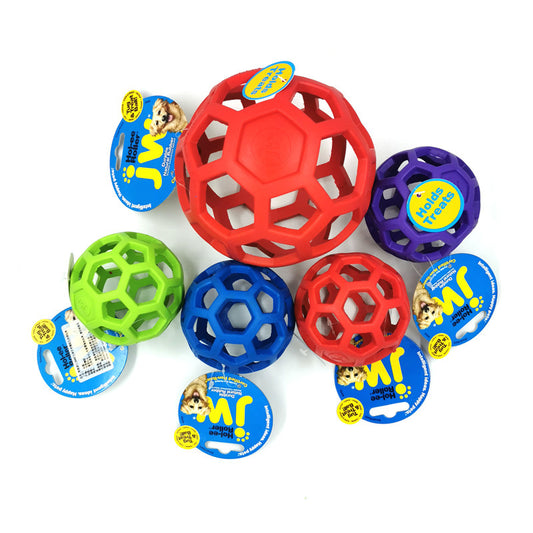Purple geometric pet toy ball made of natural rubber, designed for treat dispensing and teeth cleaning.