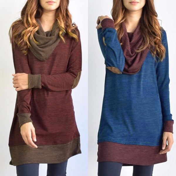 Blusa Casual de Manga Larga con Parches en Codos y Cuello Cowl para Mujer