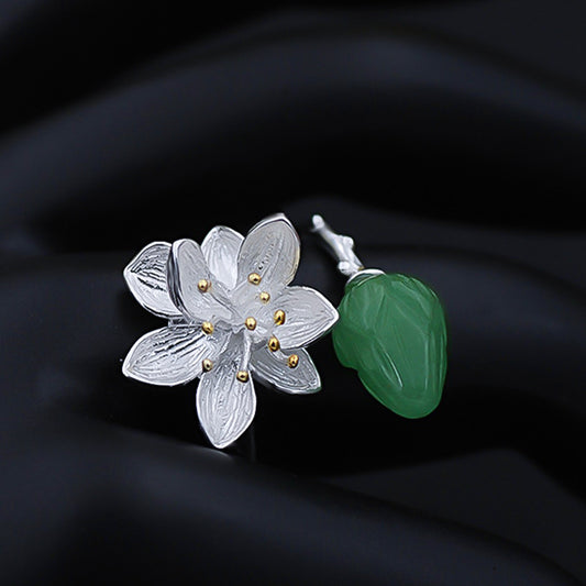 Anillo de Plata Esterlina con Jade Lotus Estilo Vintage